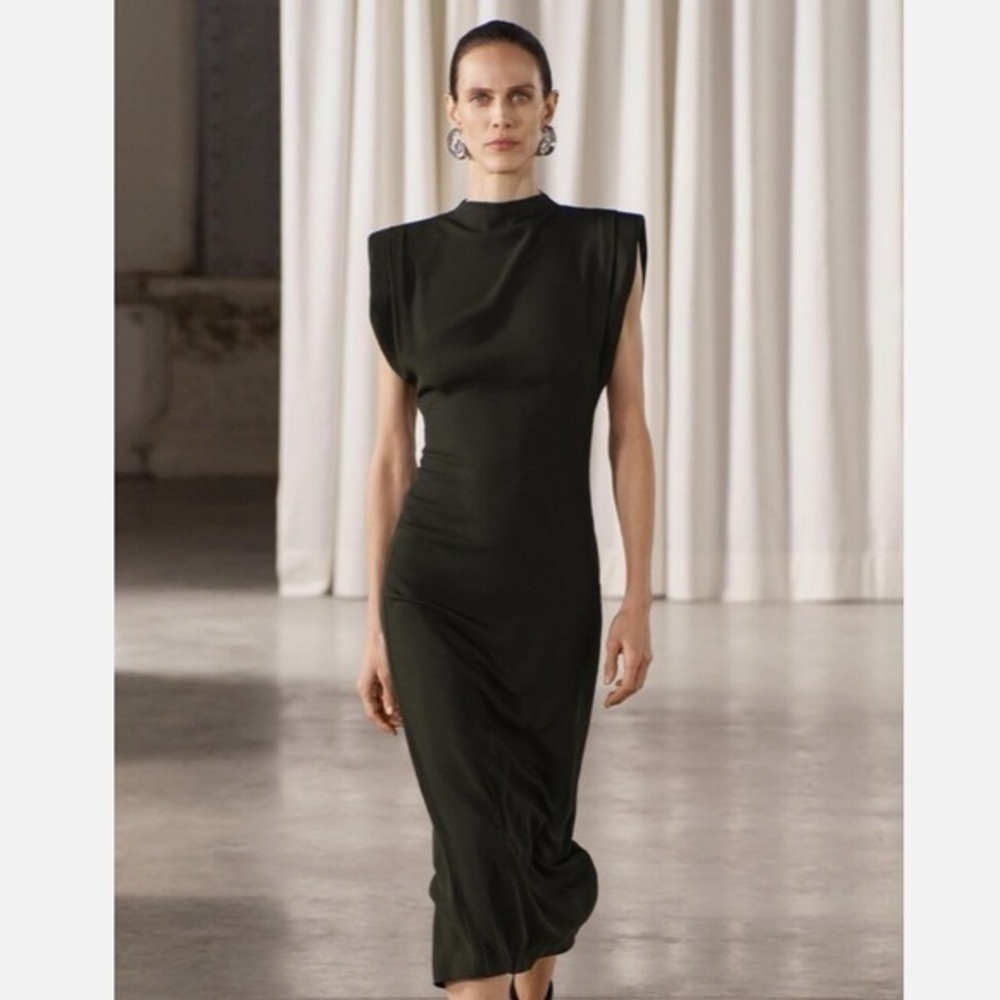 Zara NWOT emerald sleeveless shoulder pad midi dress ZW Collection